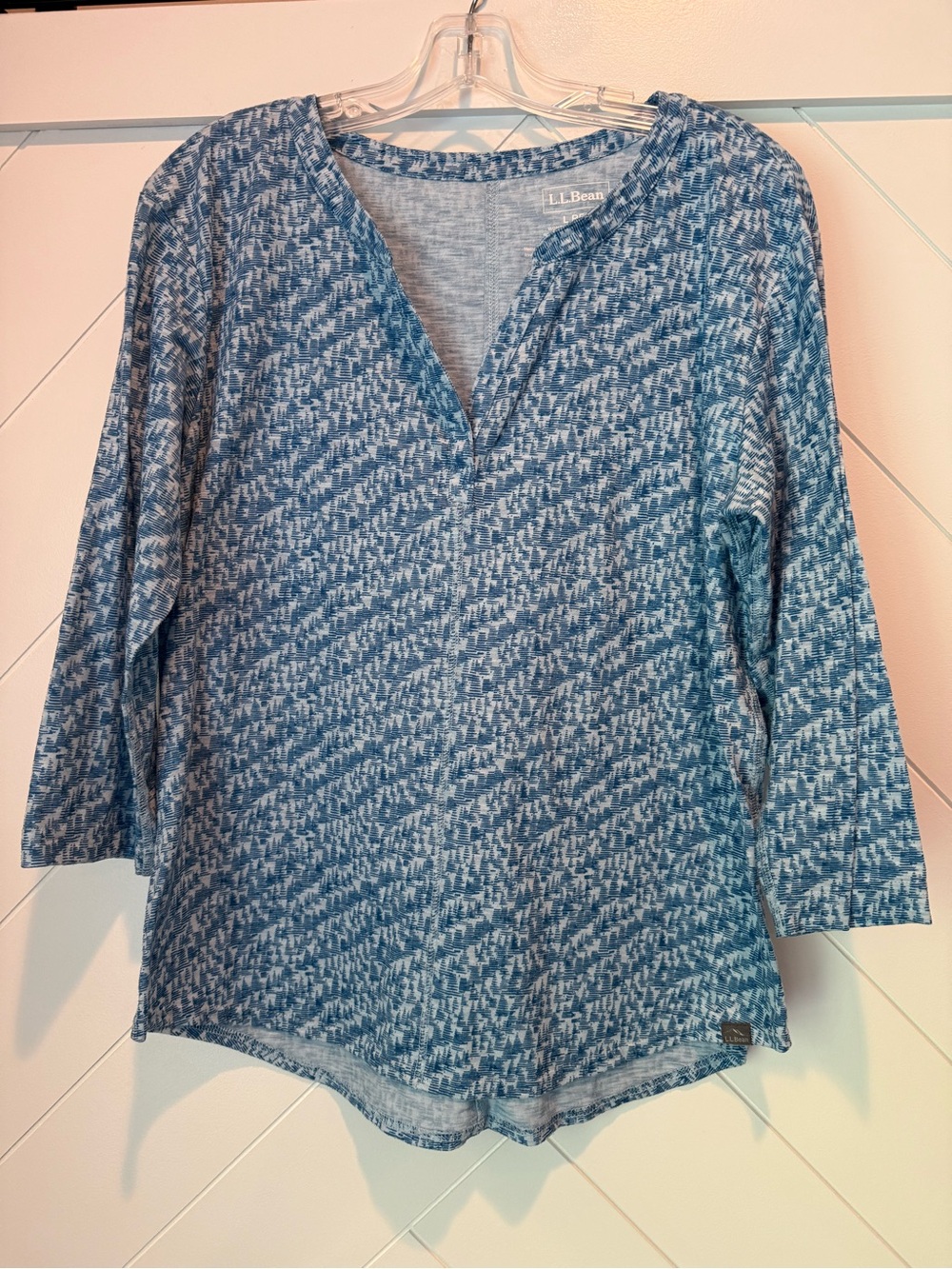 L.L. Bean Blue Heathered Long-Sleeve Split-Neck Top